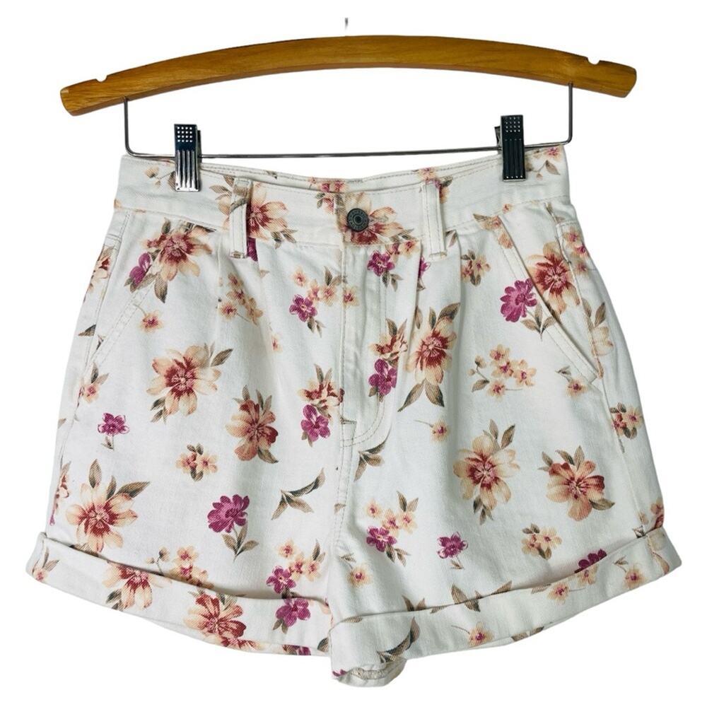 AEO cream pink floral cottagecore high waisted jean mom shorts 0